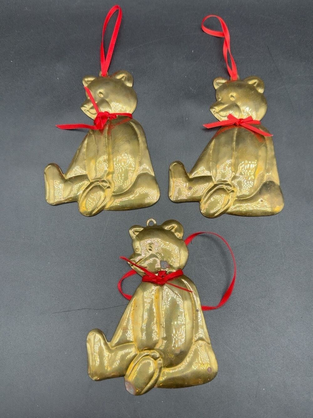 Vintage Dept 56 Brass Teddy Bear Christmas Ornaments Set of 3 Red Ribbon 4.5”